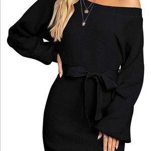 Off Shoulder Sweater Dress Long Sleeve Slim Knit Dress with Belt